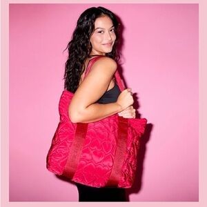 Victoria's Secret Red Tote Bag with Plush Texture and Heart Patttern
